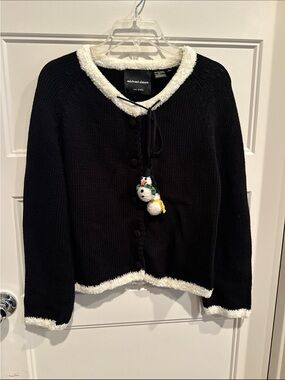 Michael Simon Black Knit Cardigan with White Fuzzy Trim and Pom Detail